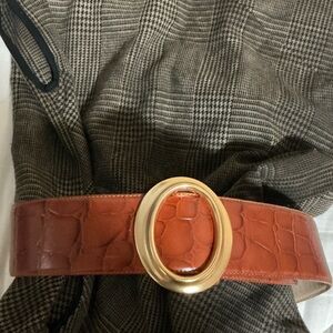Genuine Leather Wide Croc-Texture Oval Buckle Belt in Burnt Orange